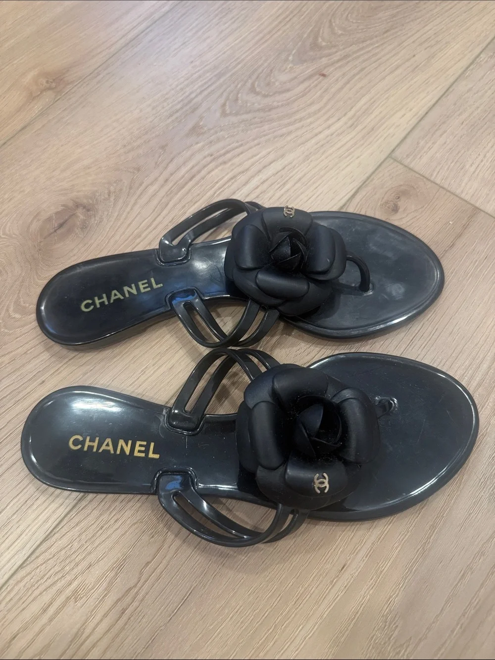 CHANEL Black Camellia Jelly Thong Sandals